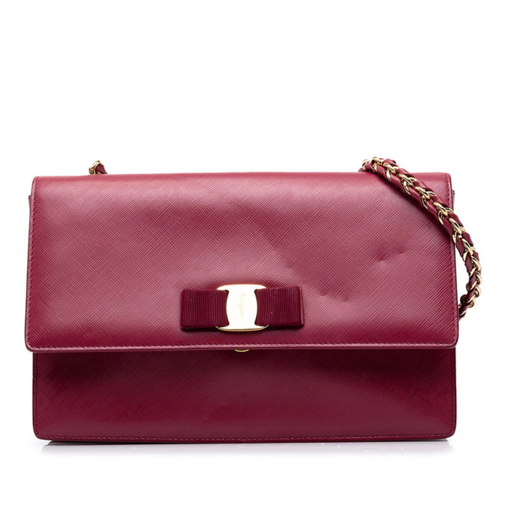 Salvatore Ferragamo Vara Ribbon Chain Shoulder Bag GU-21E480 Purple Leather W...